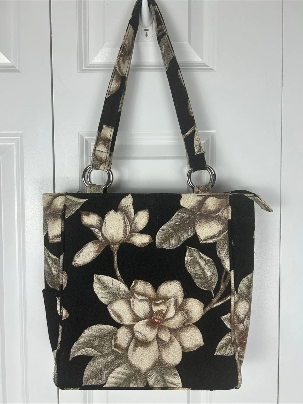 Black Floral Tote Bag with Cream Magnolia Accents